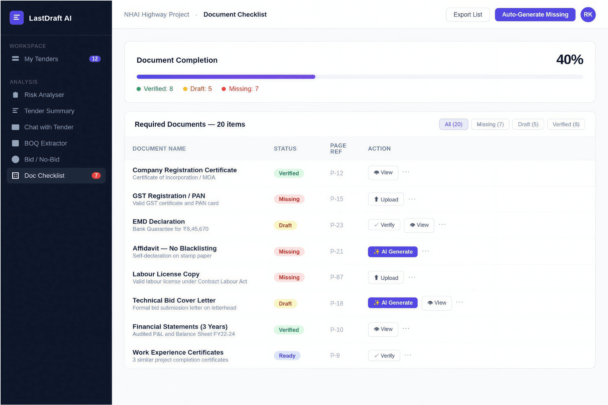 Document checklist with compliance status