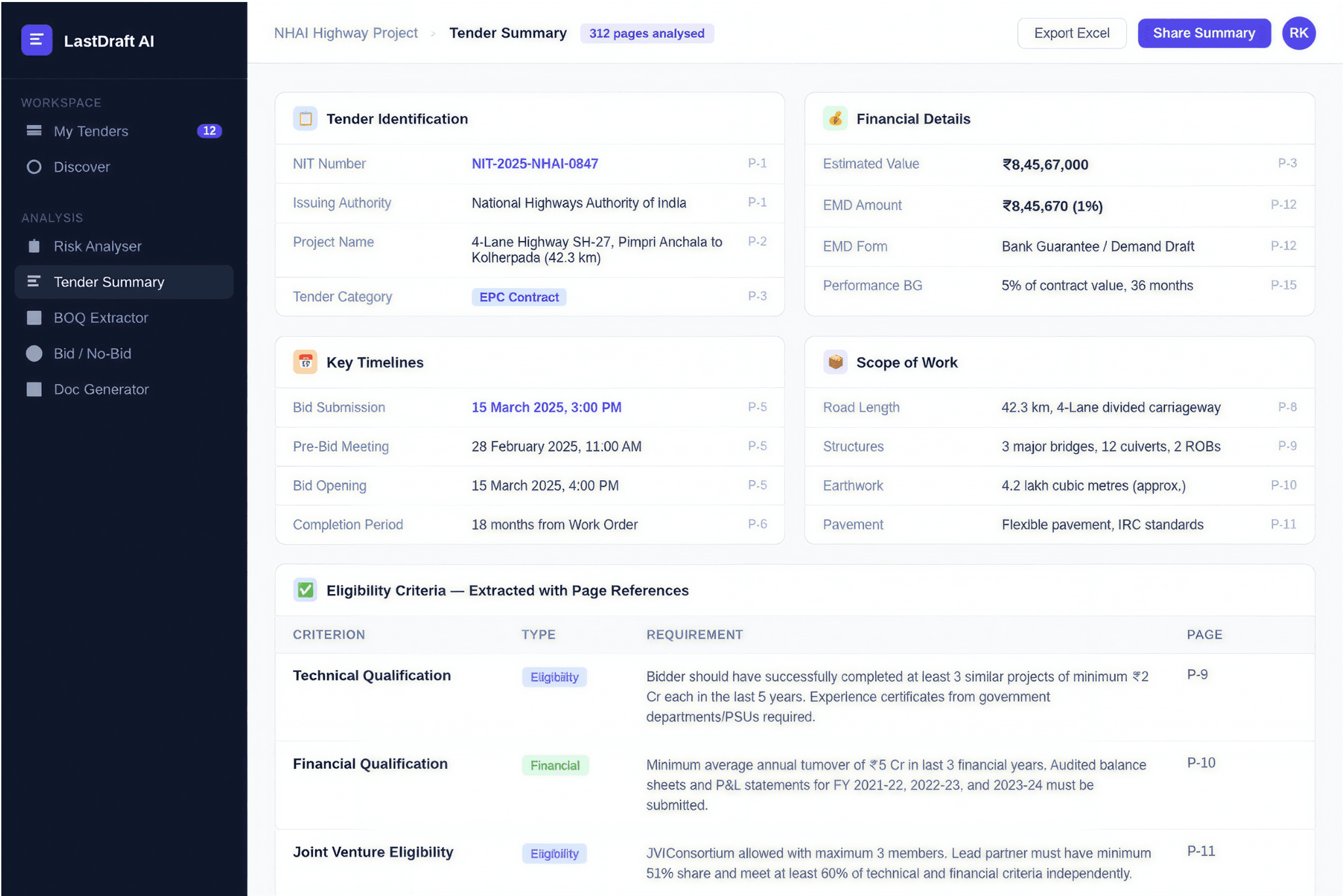 BOQ extraction and tender summary view